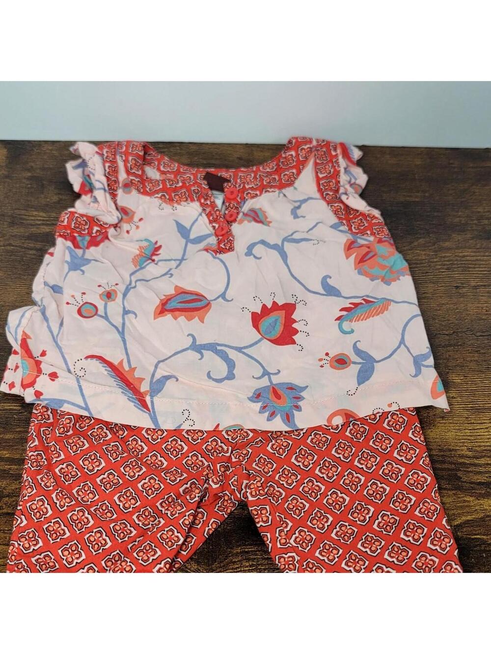 Tea Collection Baby Outfit 3-6 Months Floral Top and Red Patterned Pants